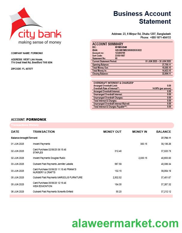 City Bank firm account statement Word and PDF template